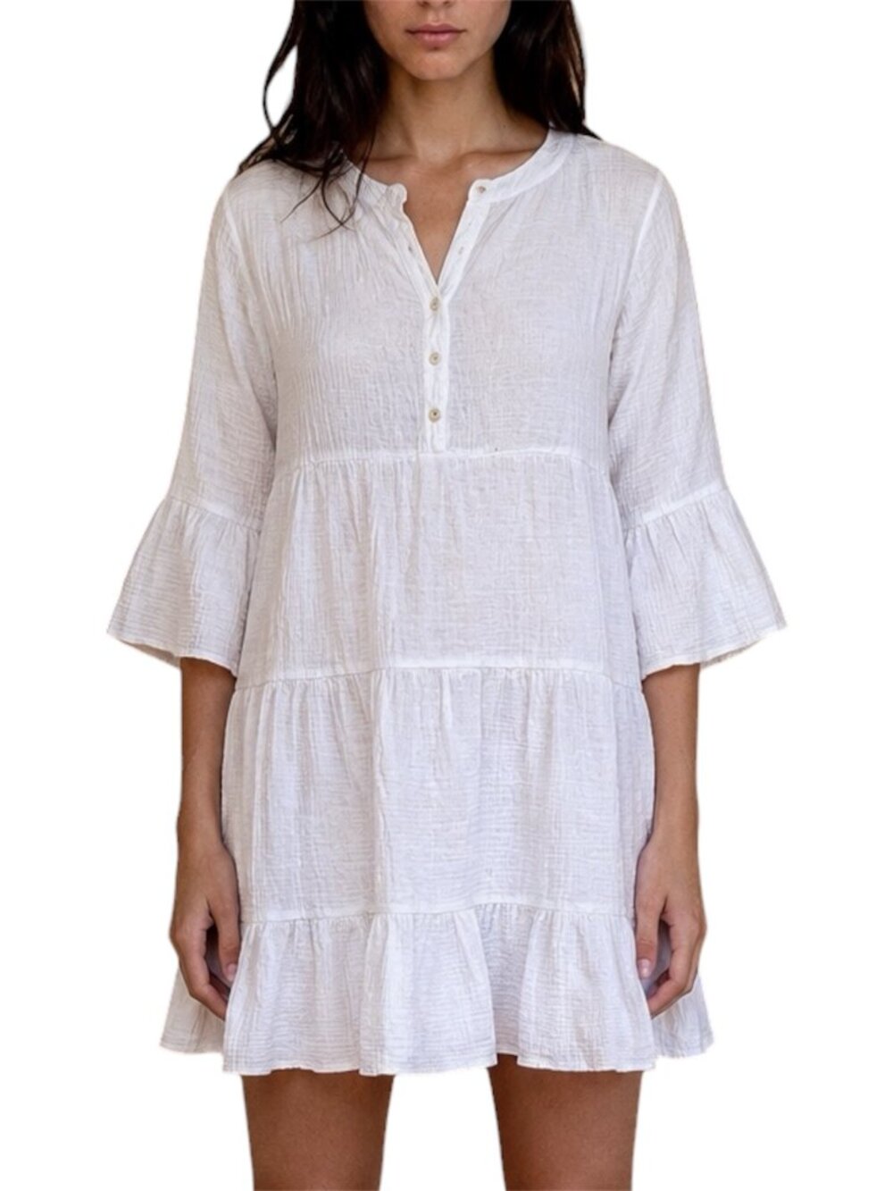 S NWT Vasna White Gauze Tiered Babydoll Coverup mini Dress Boho
